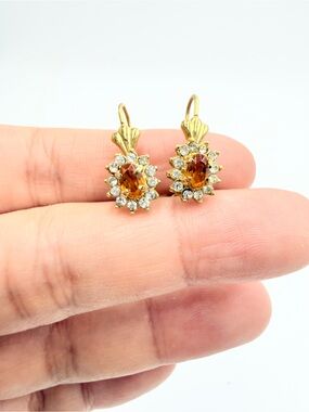 Vintage Gold-Tone Amber Crystal & Rhinestone Drop Earrings